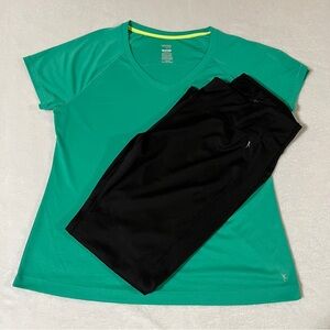 Danskin Now Activewear Set Green Loose Fit Tee & Black Dri-More Leggings XL